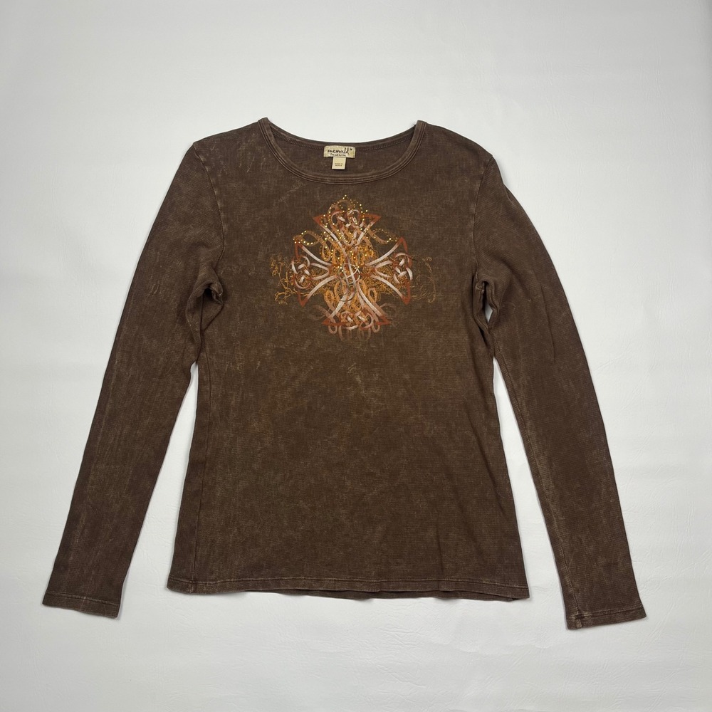 One World Y2K Long Sleeve Thermal Women's M Brown Waffle Knit Celtic Graphic